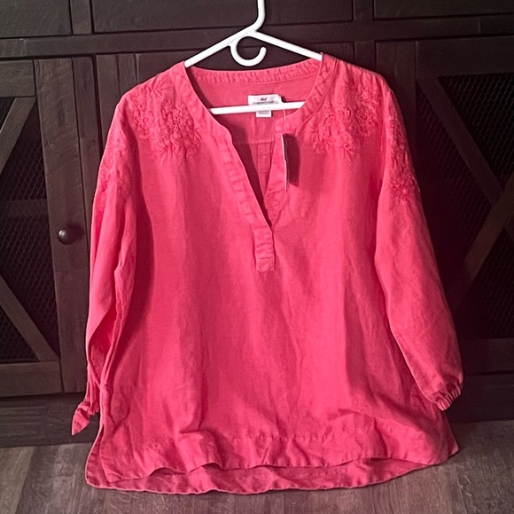 NWT VINEYARD VINES Chambray Embroidered Tie Sleeve Top In Paradise Pink XL - Picture 8 of 12
